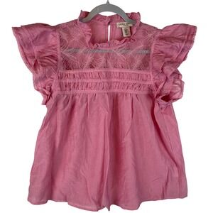 Laura Ashley Pink Lace Yoke Ruffle Cap Sleeve Blouse Top Medium RN 155730